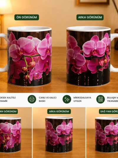 Orkide Desenli Kişiye Özel Porselen Kupa Bardak - 300 ml