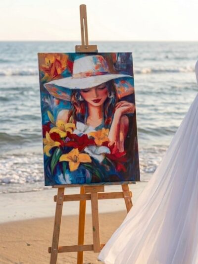 Şapkalı Kadın ve Çiçekler Temalı Kanvas Tablo (50x70 cm)